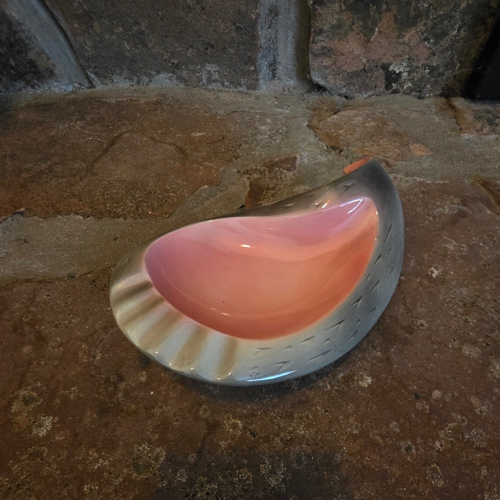 Vintage MCM Ashtray Pink Silver Ceramic Biomorphic USA California Pottery 8 Inch
